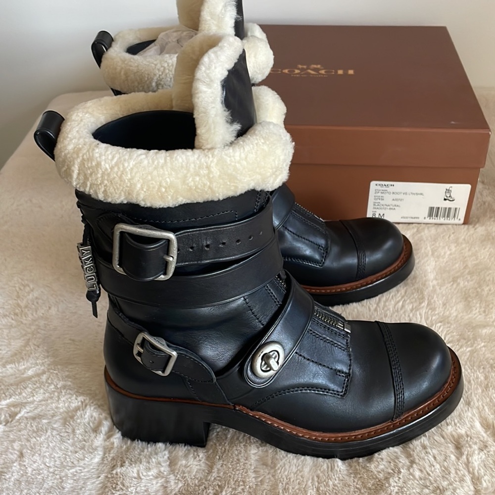 Coach 1941 Black Leather Womens Moto Boot with Shearling 2 inch heel size 8 M. - Picture 4 of 16